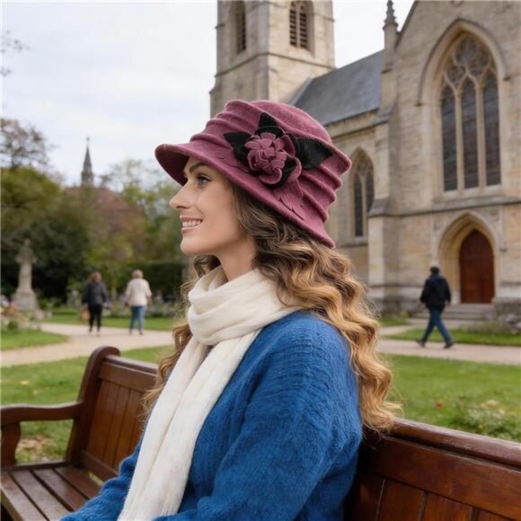 Vintage Women Floral Wool Dress Cloche Winter Hat 1920s